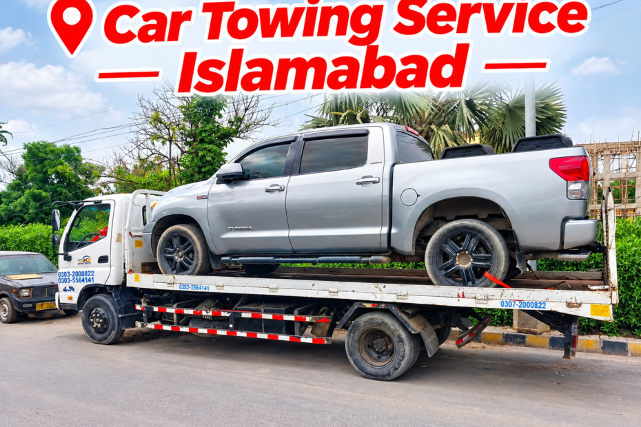 Car towing service in Islamabad with a pickup truck loaded onto a flatbed tow truck